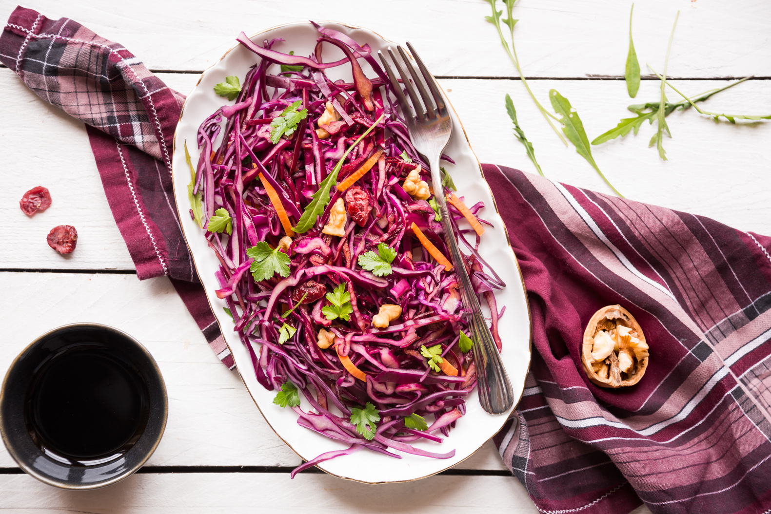 Delicious red cabbage salad. Cut red cabbage with other ingredients